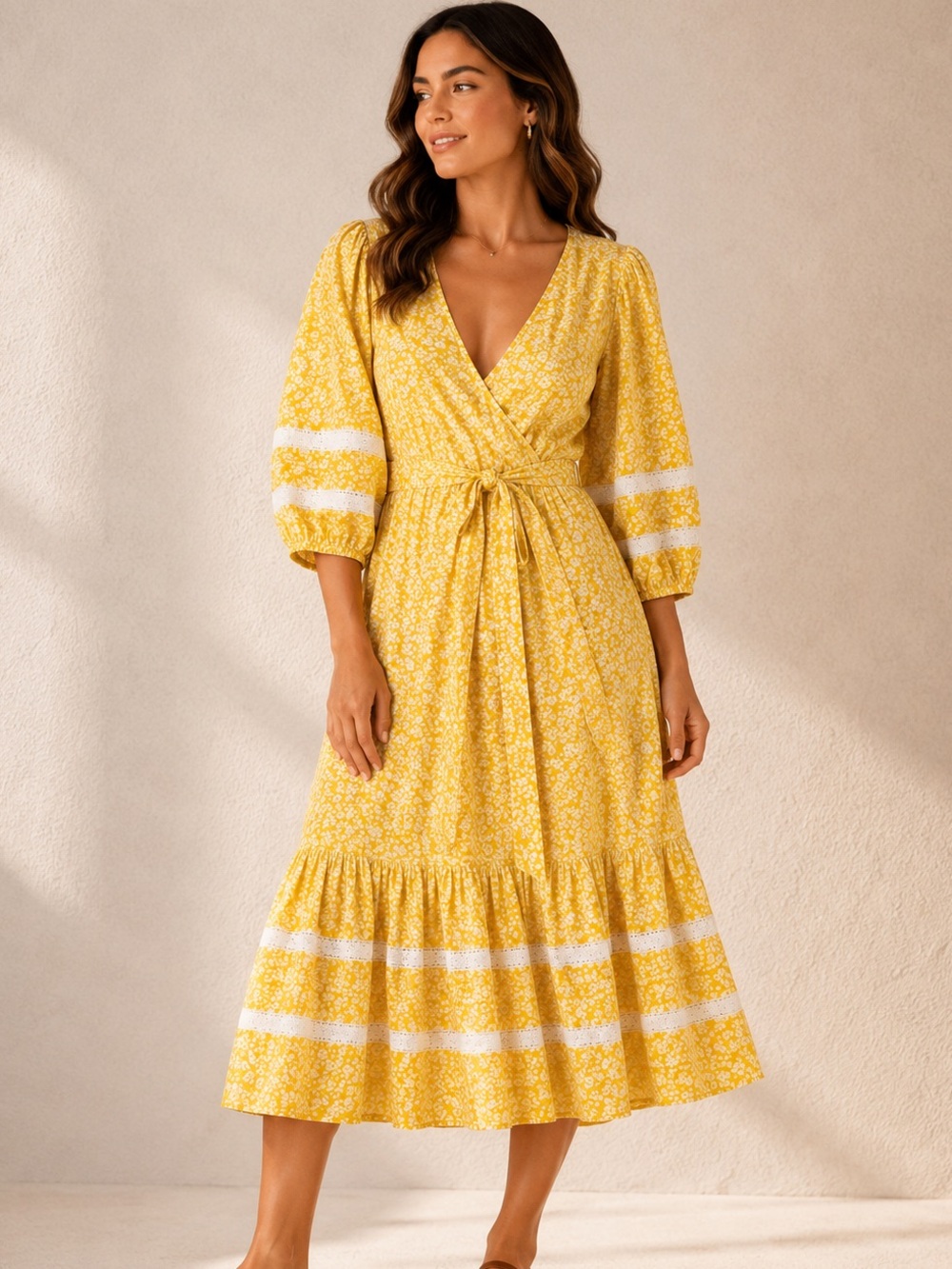 Olivia James The Label "Brooke" Wrap Dress yellow & white micro-floral pattern